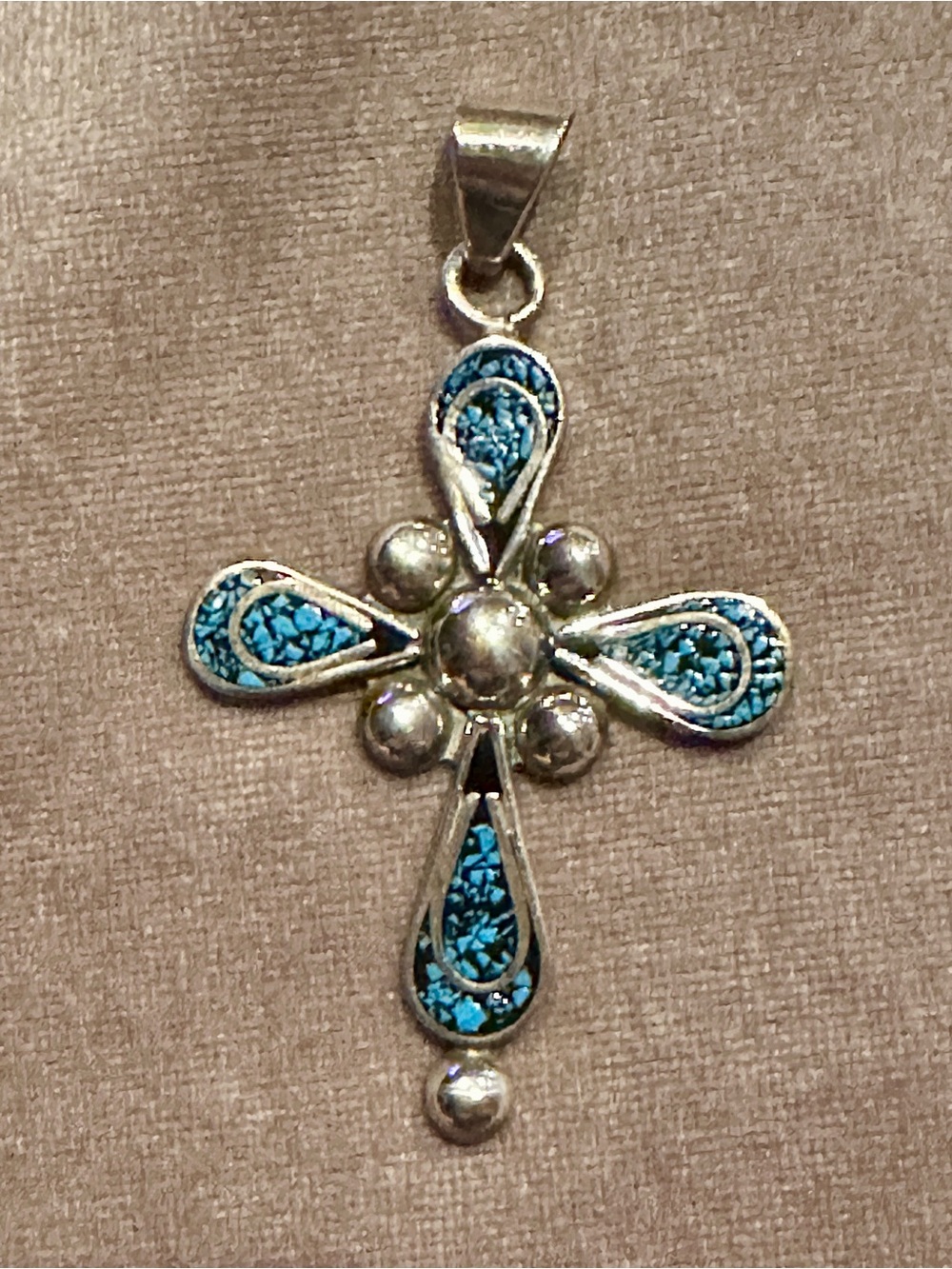 Vintage 935 Turquoise Inlay Silver Cross Pendant Necklace
